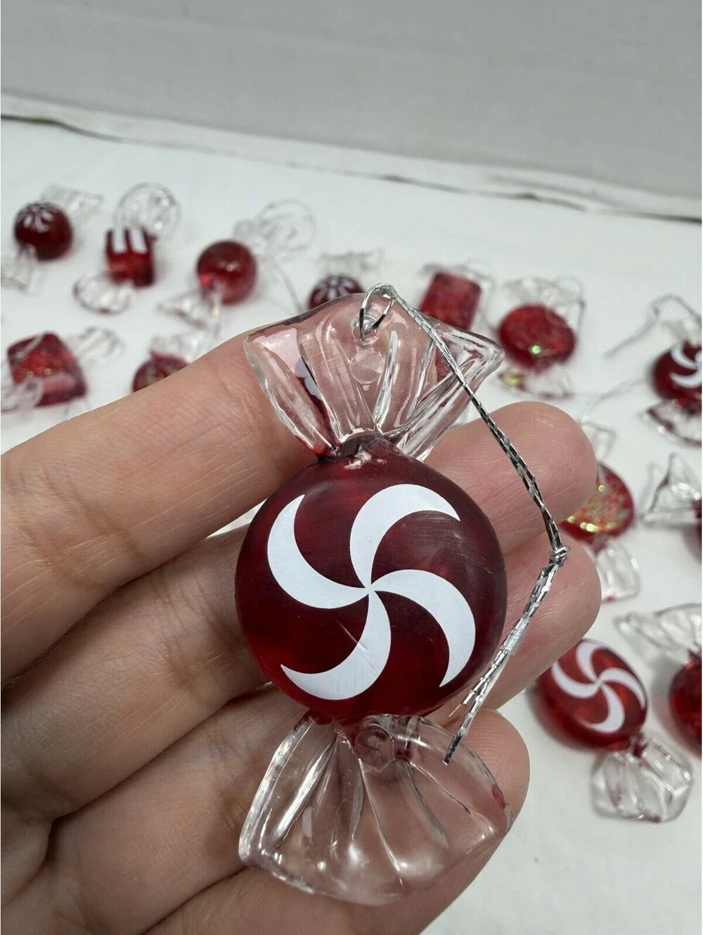 Vintage Acrylic Red White Peppermint Candy Christmas Ornaments Lot of 30